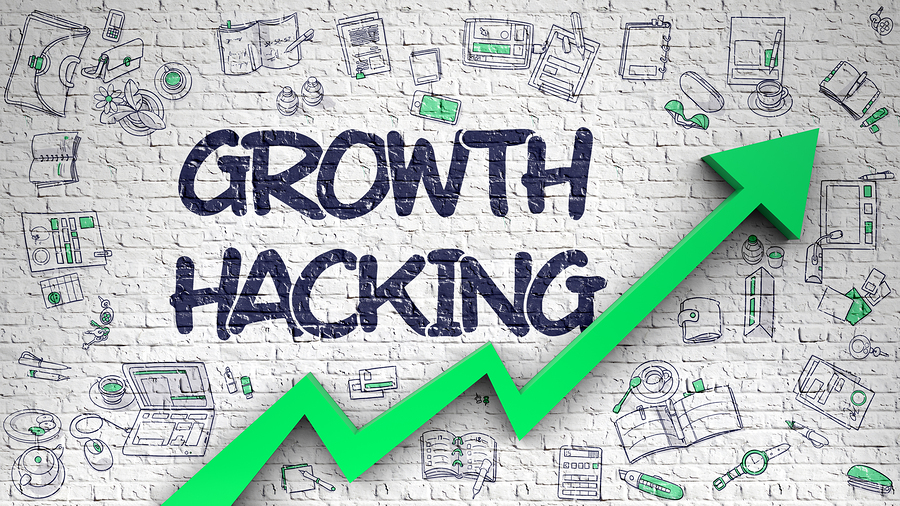 Growth Hacking - Business Concept with Hand Drawn Icons Around on the Brick Wall Background. Growth Hacking Inscription on Modern Style Illustration. with Green Arrow and Doodle Design Icons Around.
